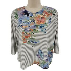 Alfred Dunner Shirt Women Petite M‎ Gray Stripe Floral Butterfly Classic Casual